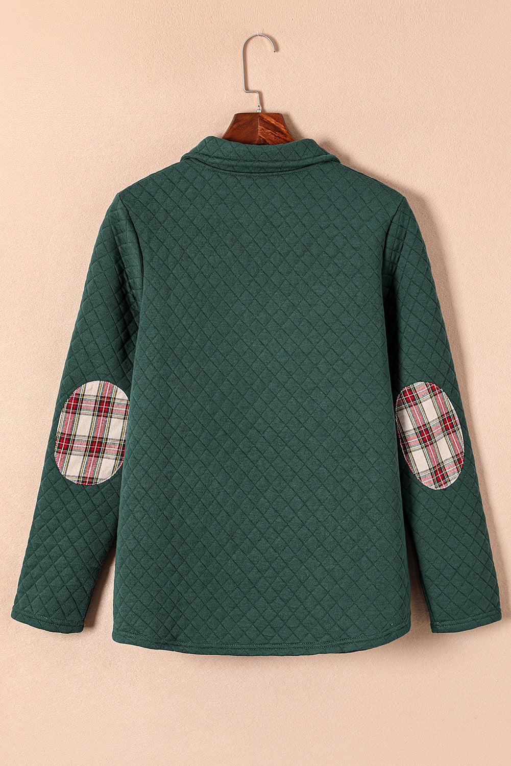 Green Plaid Geometric Texture Trim Buttons Neck Quilted Sweatshirt