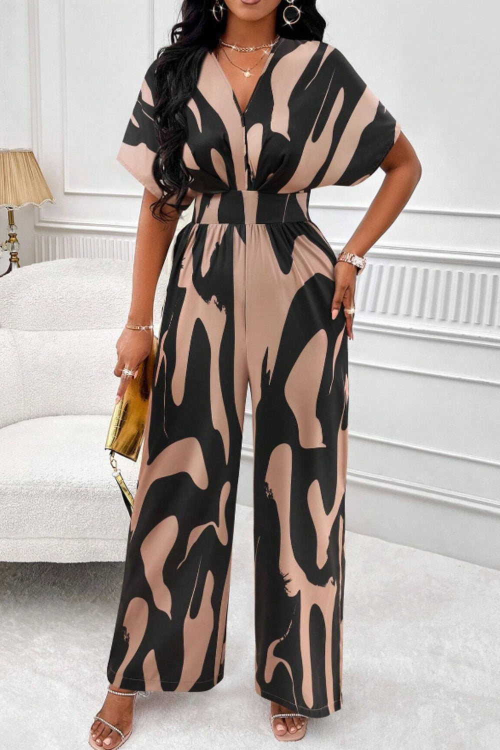 Printed V-Neck Short Sleeve Wide Leg Jumpsuit | S - 2XL | 4 COLORS