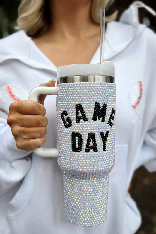 Vaso grande con asa de diamantes de imitación GAME DAY de 40 oz en color blanco