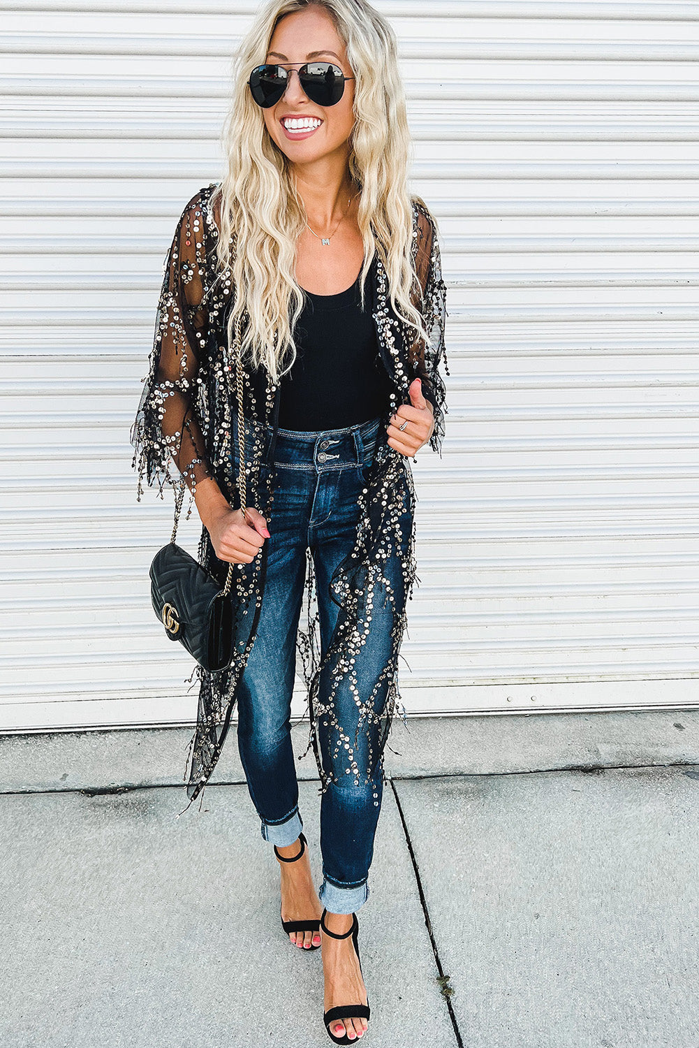 Black Sequin Sheer Casual Open Front Kimono