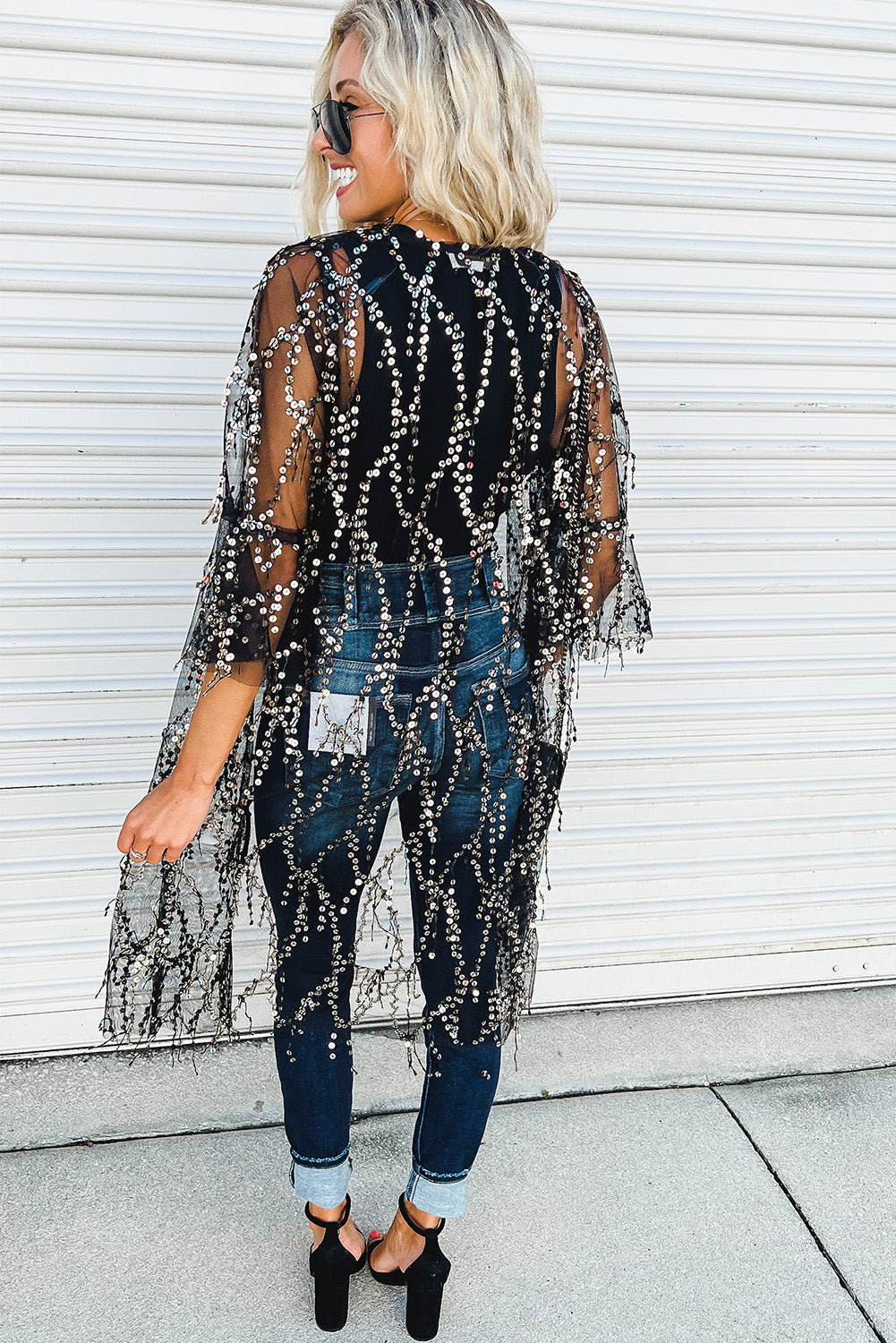 Black Sequin Sheer Casual Open Front Kimono