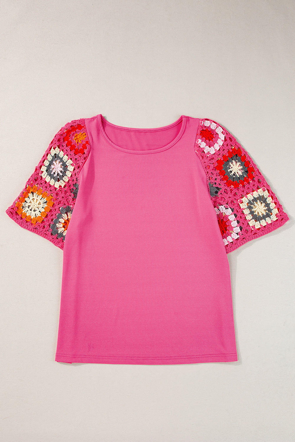 Camiseta con mangas de crochet y estampado floral ahuecado estilo boho turquesa