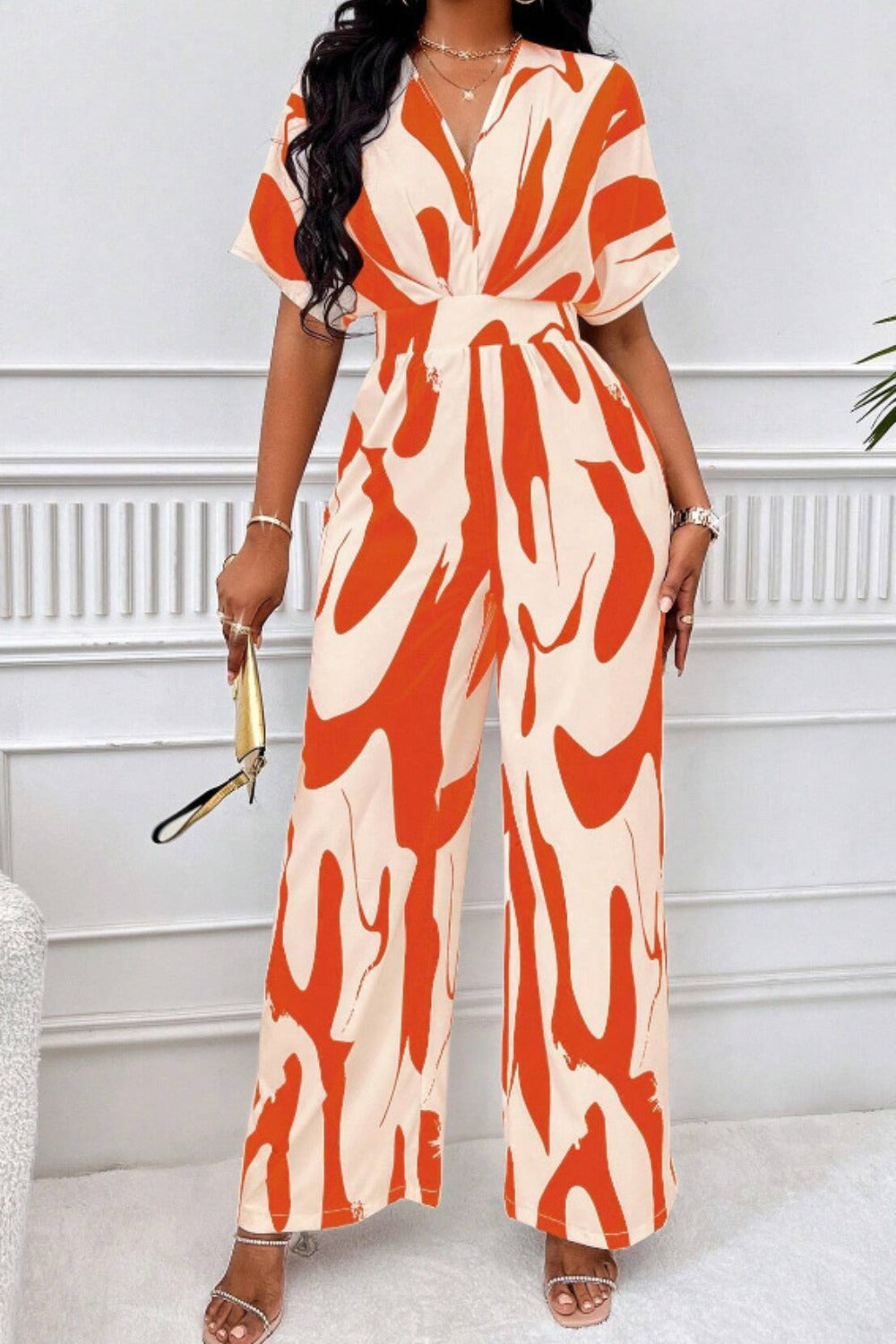 Printed V-Neck Short Sleeve Wide Leg Jumpsuit | S - 2XL | 4 COLORS