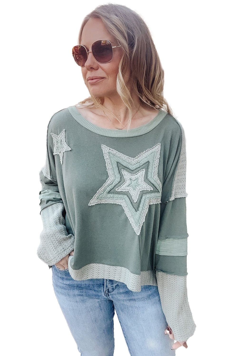 Mist Green Stars Patchwork Round Neck Plus Size Top