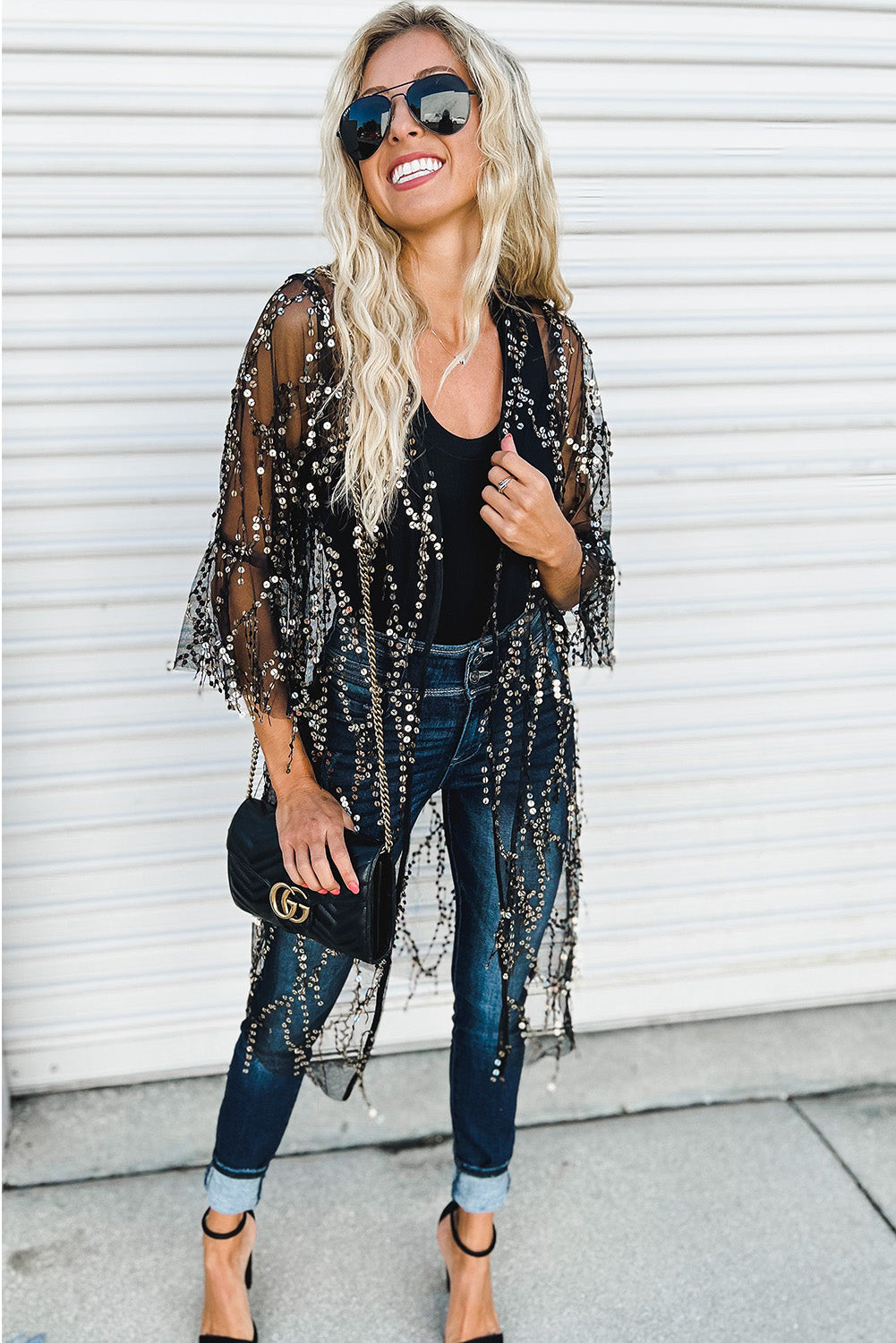 Black Sequin Sheer Casual Open Front Kimono