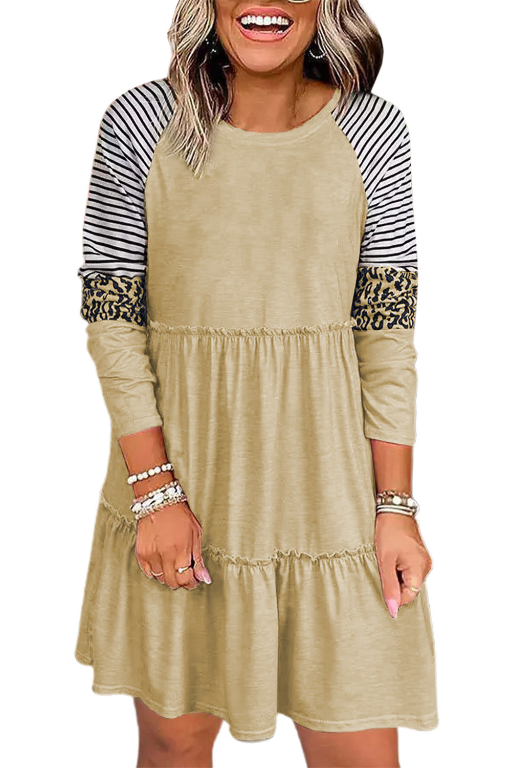 Black Striped Leopard Patchwork Pleated Long Sleeve Dress