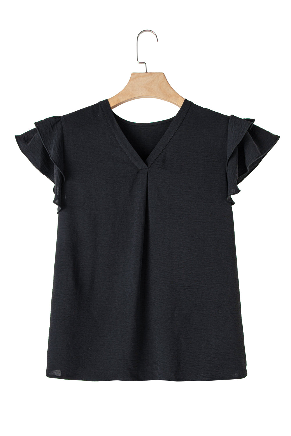 Blusa negra con cuello en V y mangas cortas con volantes en talla grande