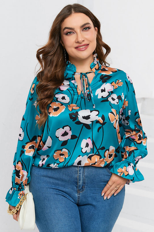 Blusa de talla grande con escote en V y estampado floral en azul cielo 