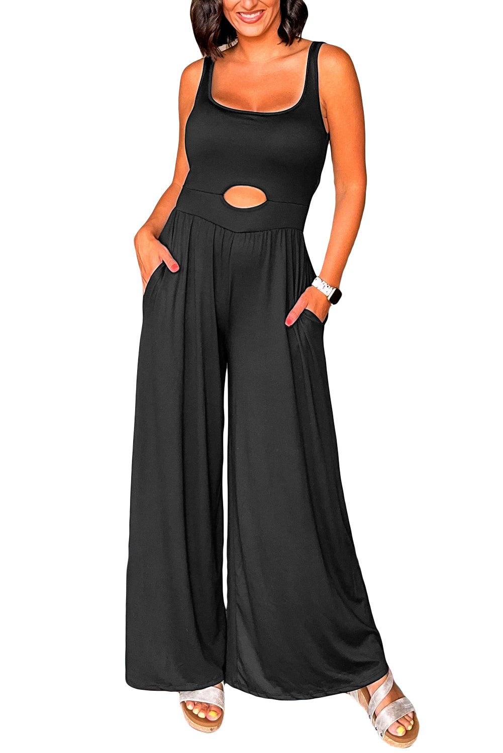 Black Solid Color Cutout Wide Leg Jumpsuit