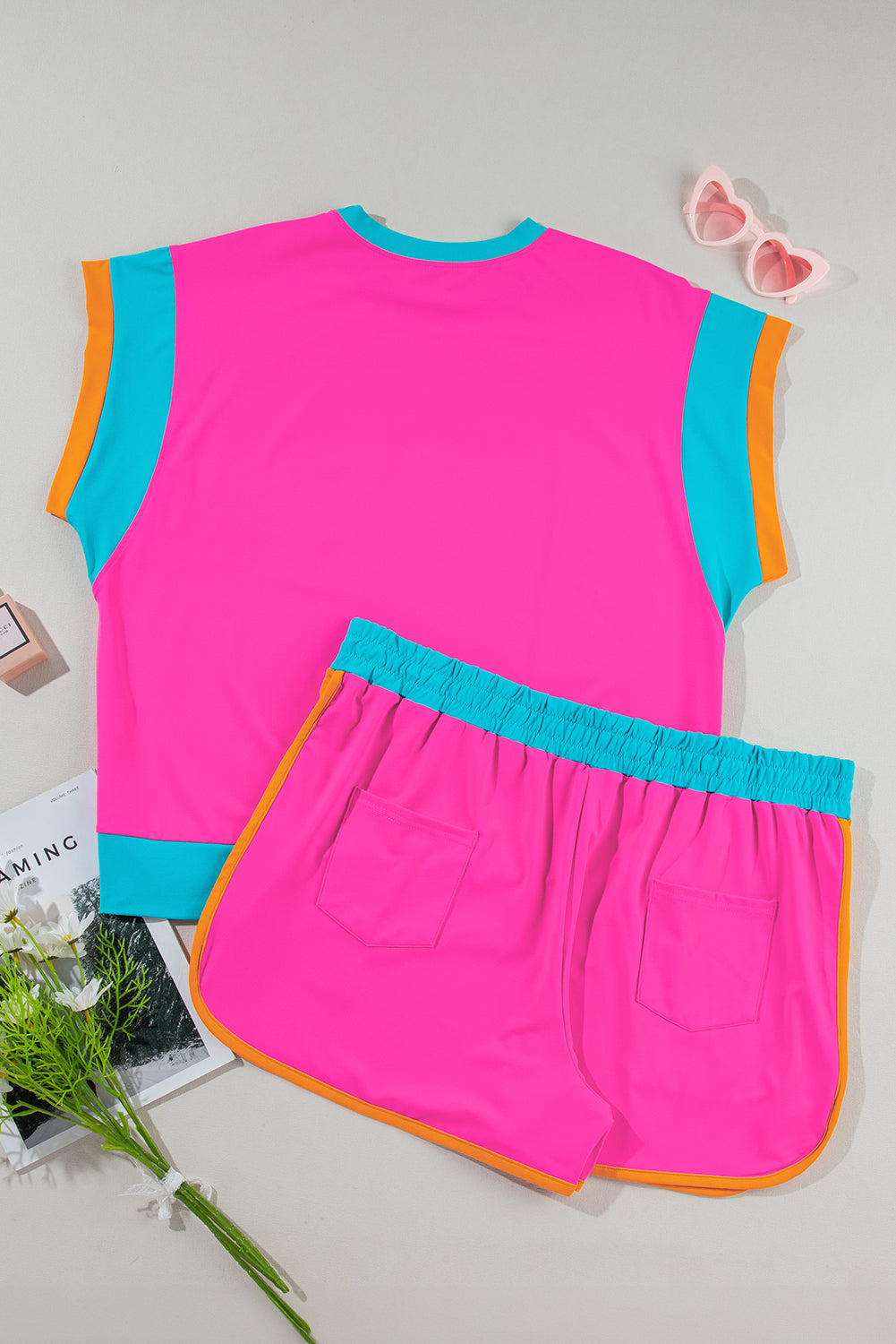 Rose Red Plus Size Colorblock Top and Elastic Waist Shorts Set