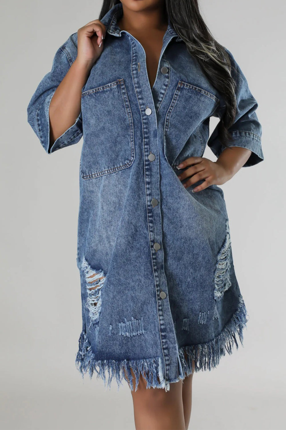 Distressed Raw Hem Button Up Denim Dress | S - 2XL | 2 COLORS