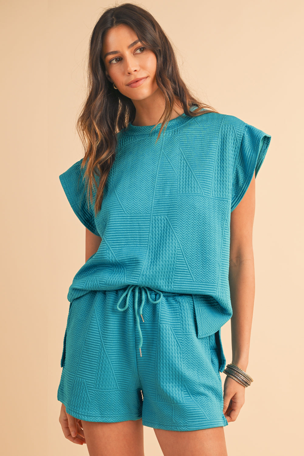 Skobeloff Textured Ruffle Split Top and Drawstring Shorts Set