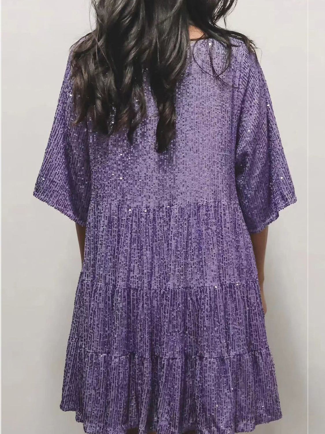 Vestido mini de manga corta con escote redondo y lentejuelas en capas | Tallas S a XL | Tallas 2XL a 3XL | 9 COLORES