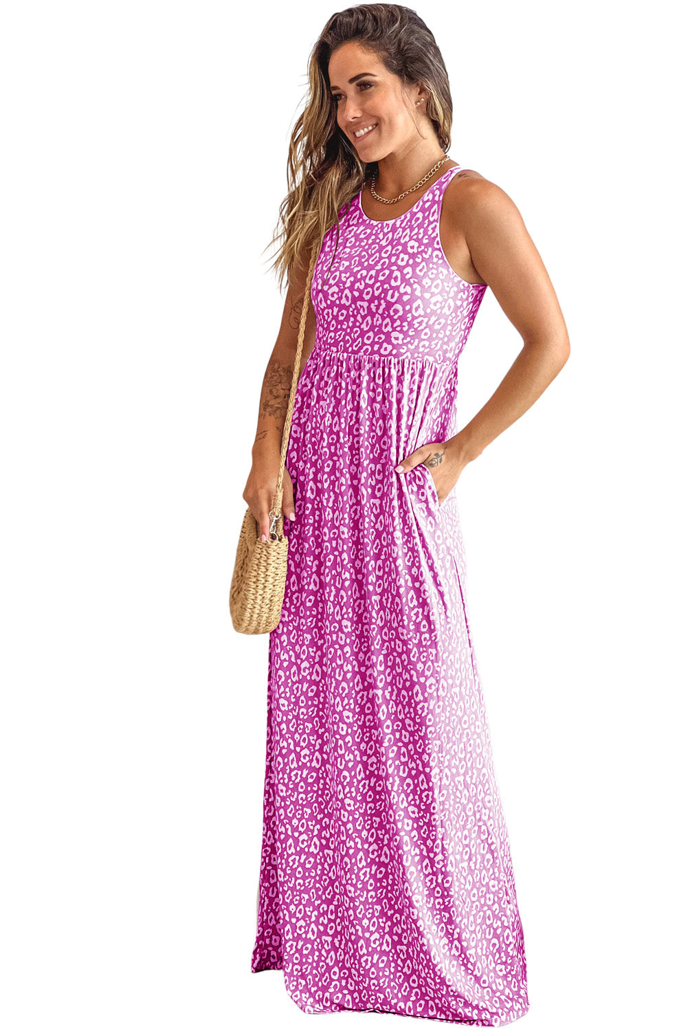 Vestido largo sin mangas con bolsillos y estampado de leopardo gris