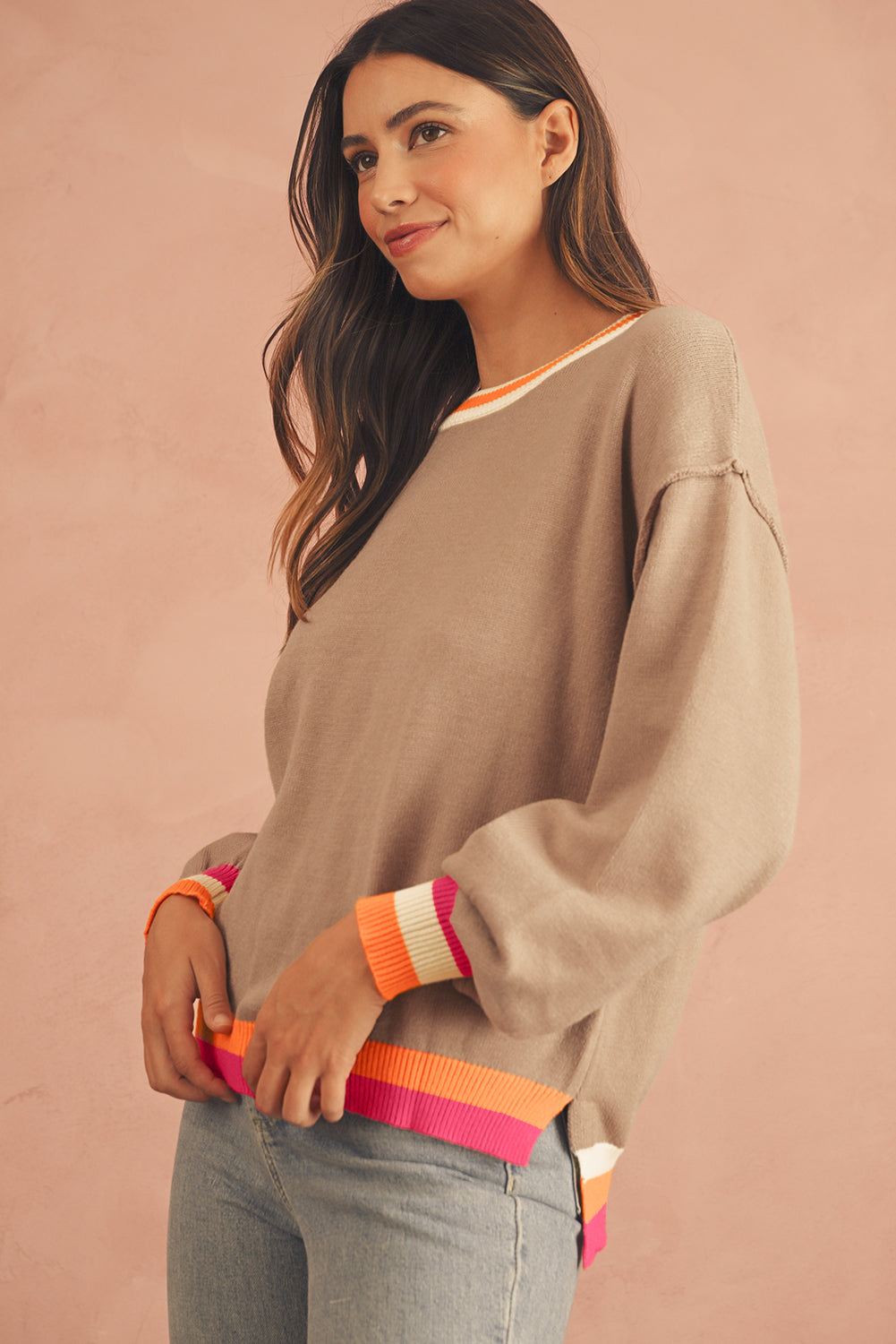 Parchment Striped Trim Drop Shoulder Sweater