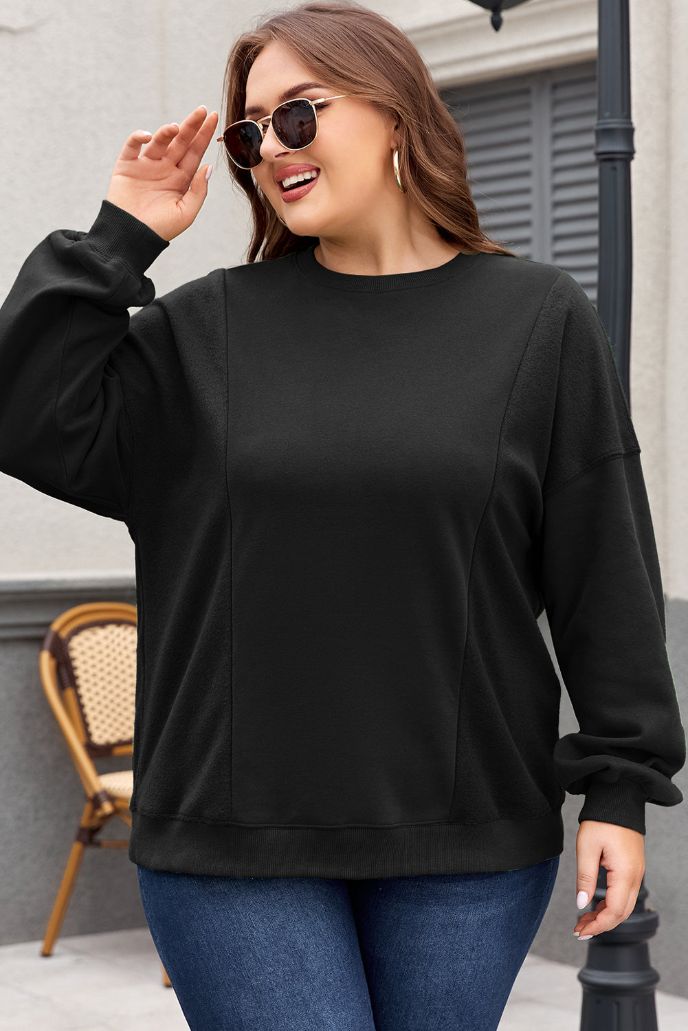 Apricot Loose Patchwork Crewneck Plus Size Sweatshirt