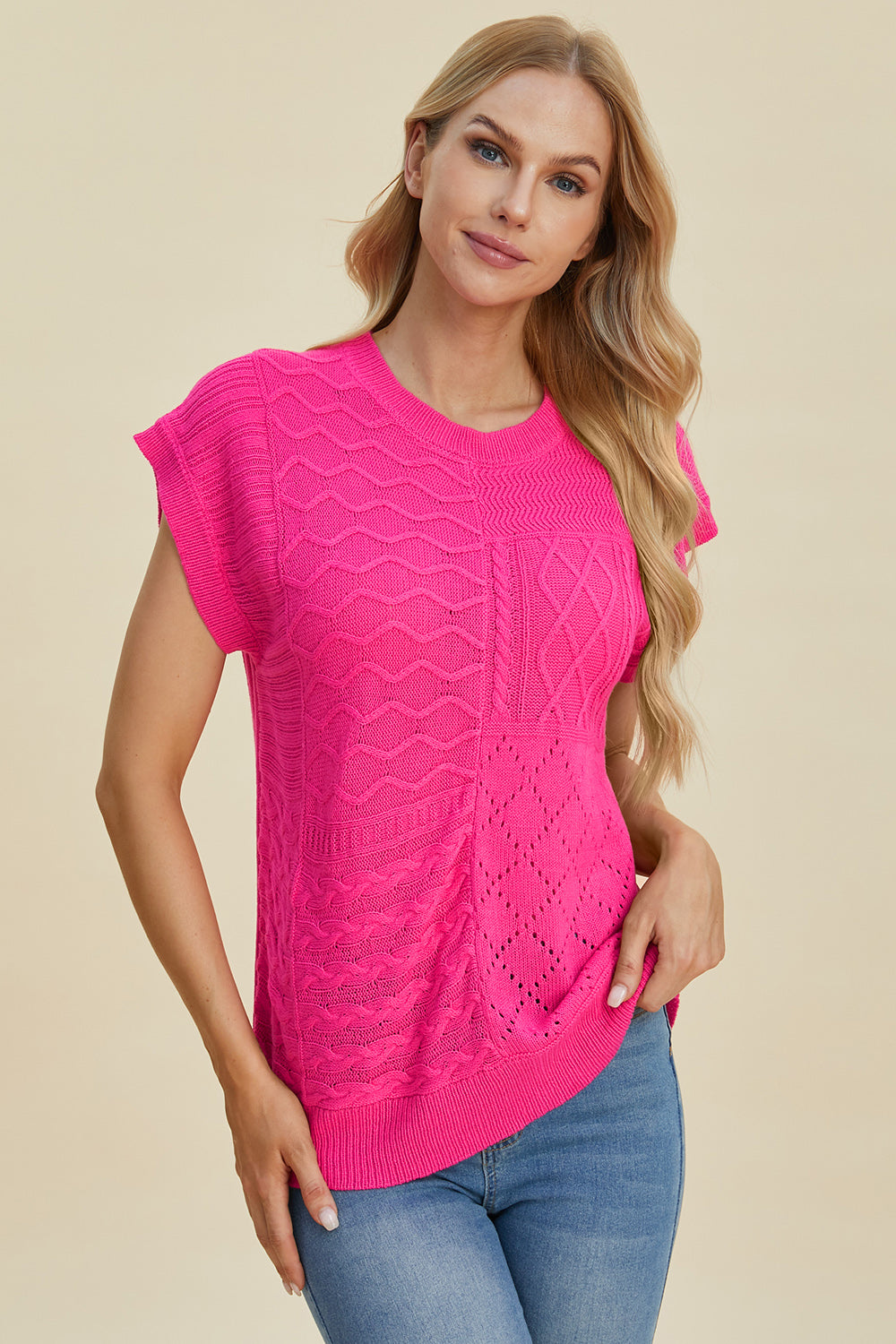 Suéter de cuello redondo y manga corta de punto trenzado de Double Take | Tallas grandes | S - XL | 2XL - 3XL | 5 COLORES