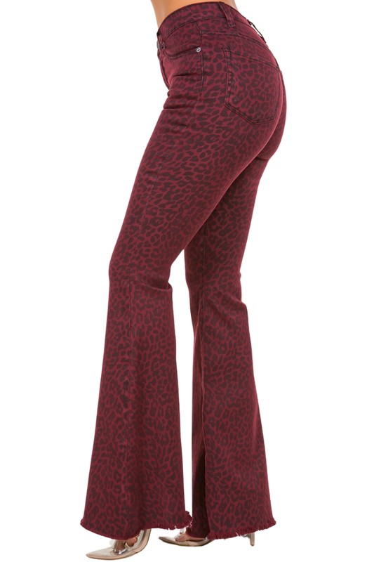 Leopard Bell Bottom Jean in Burgundy - 33.5 Inseam