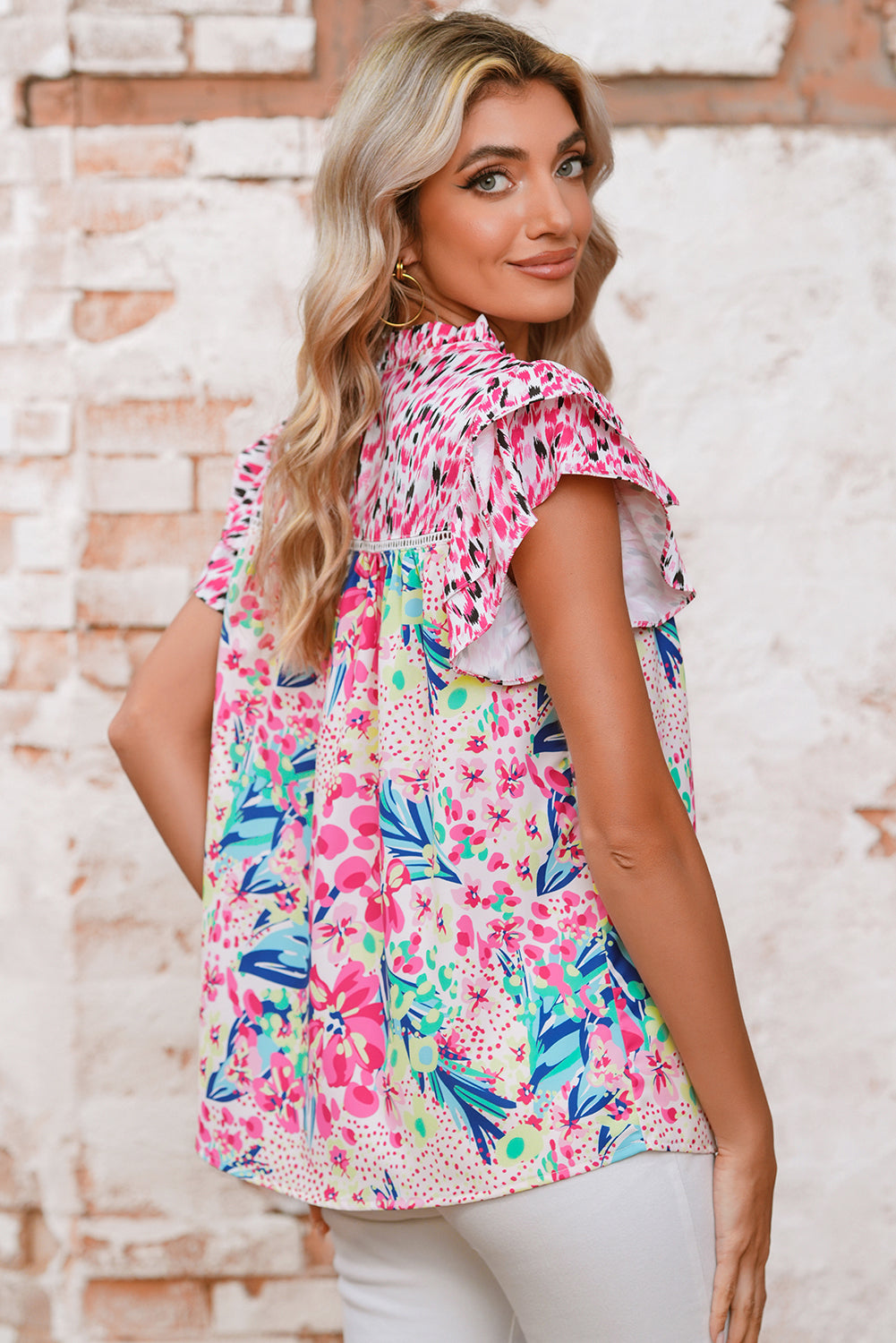 Red Floral Mixed Print Ruffle Cap Sleeve Blouse