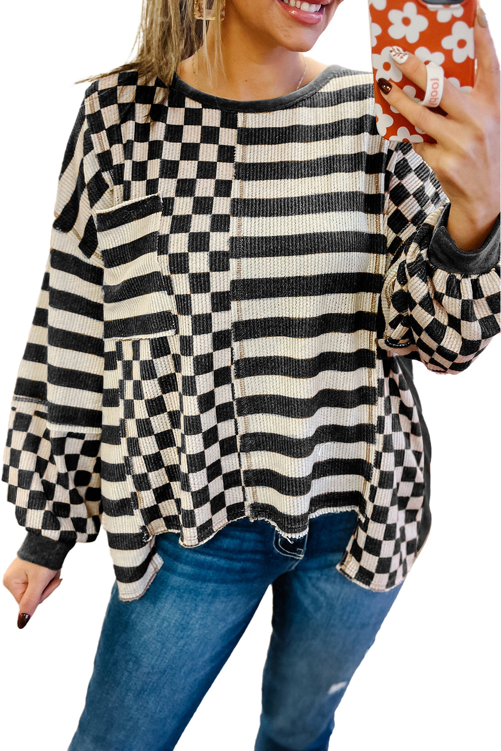 Rose Red Checkered Striped Patchwork Lantern Sleeve Top