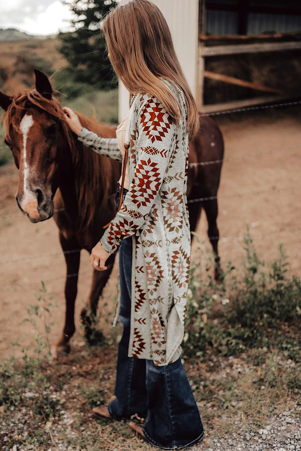 Brown Western Aztec Printed Open Front Long Cardigan