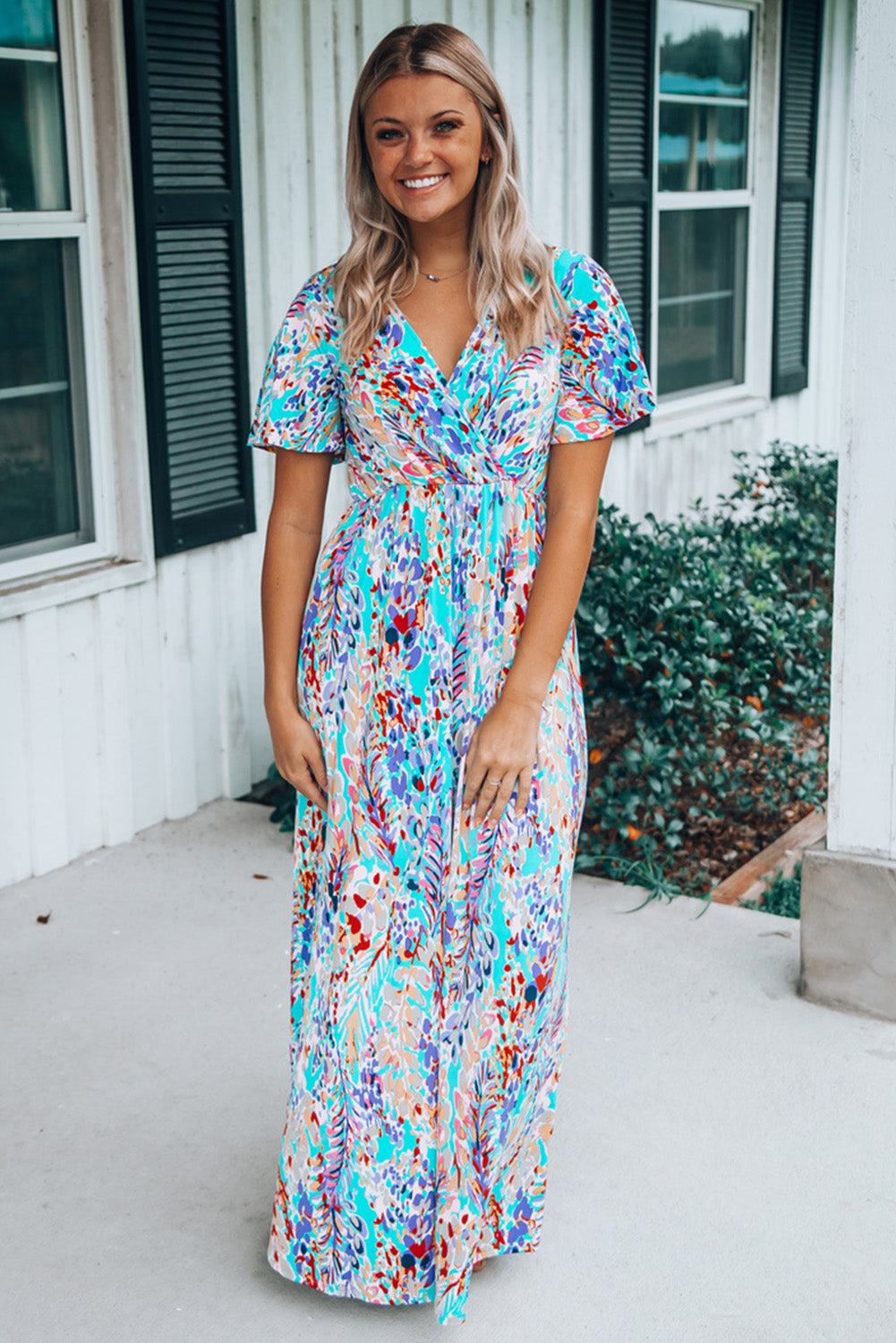 Abstract Botanic Print Wrap V Neck Short Sleeve Maxi Dress