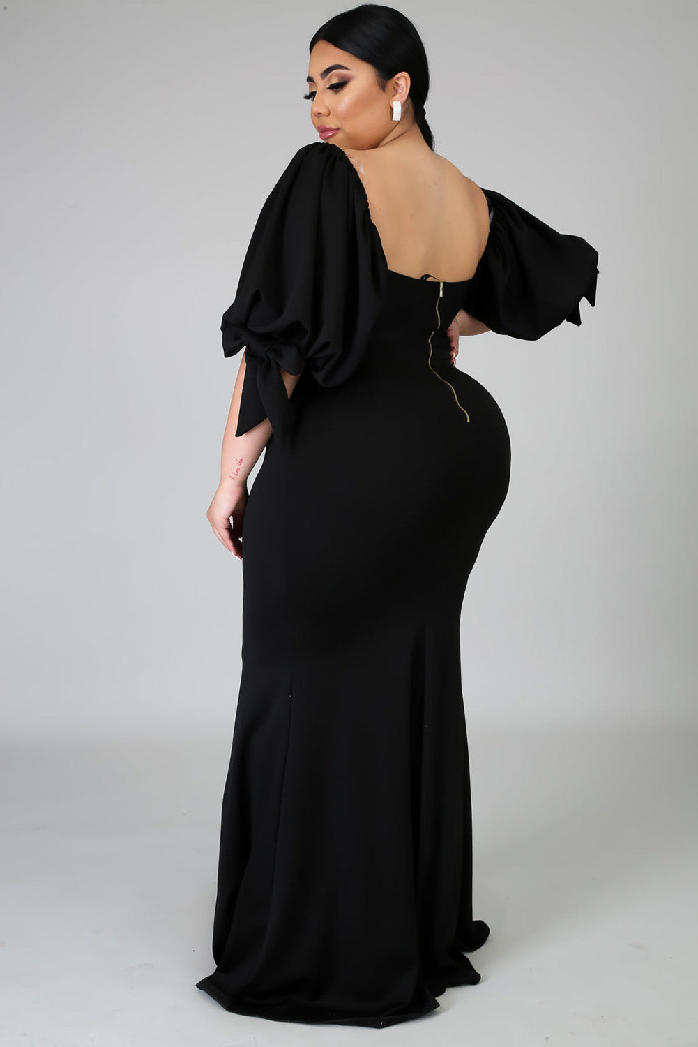 Rose Bow Tie Puff Sleeve Plus Size High Slit Maxi Dress