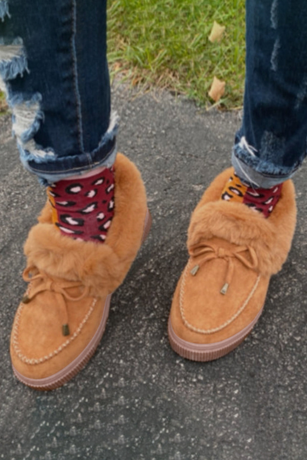 Brown Bow Decor Faux Suede Fur Lined Winter Booties