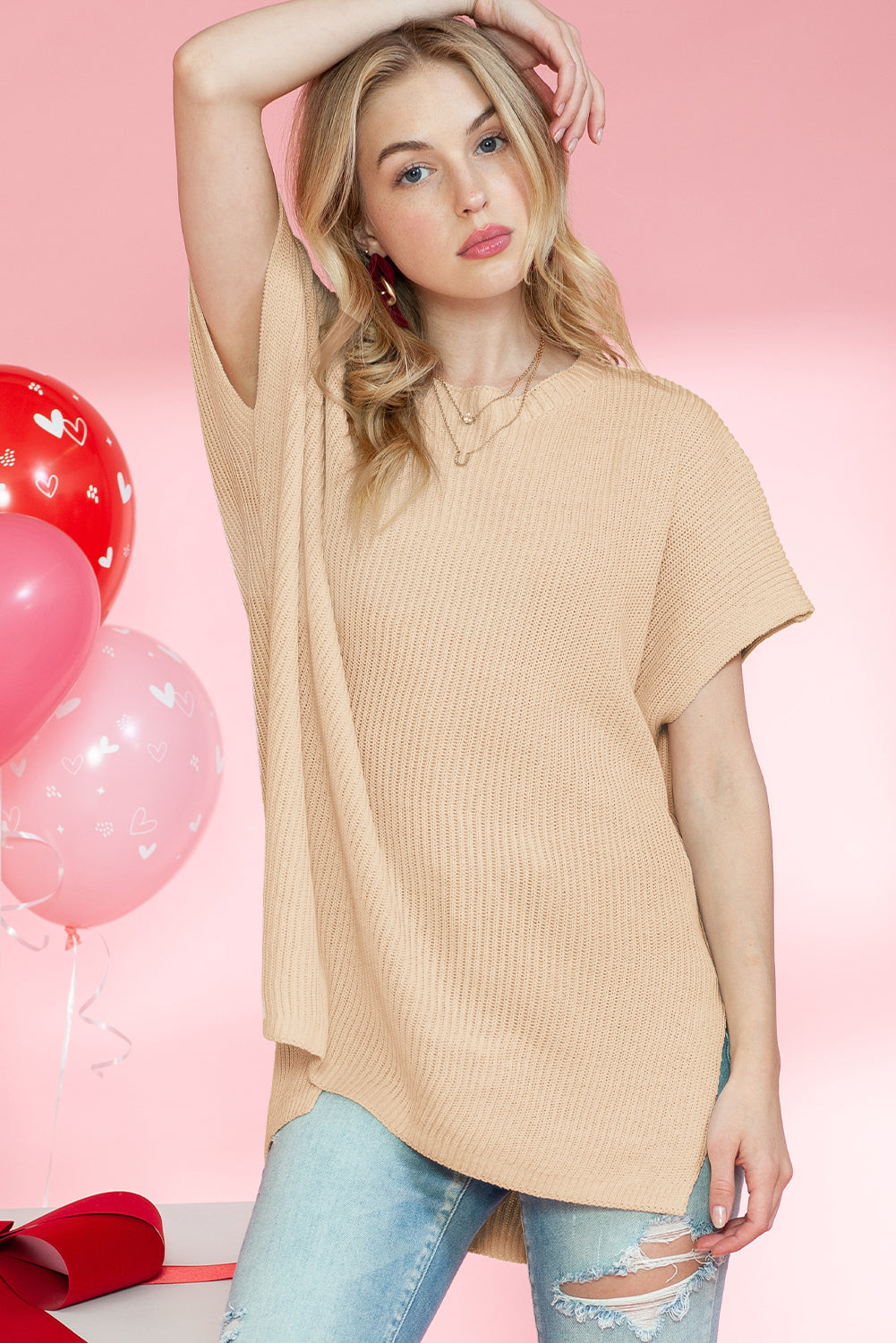 Top de punto de gran tamaño con mangas cortas estilo dolman y abertura lateral en color gris | S - XL | 3 COLORES
