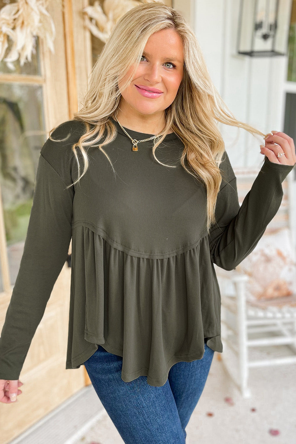 Mist Green Plus Size Thermal Knitted Babydoll Flare Top