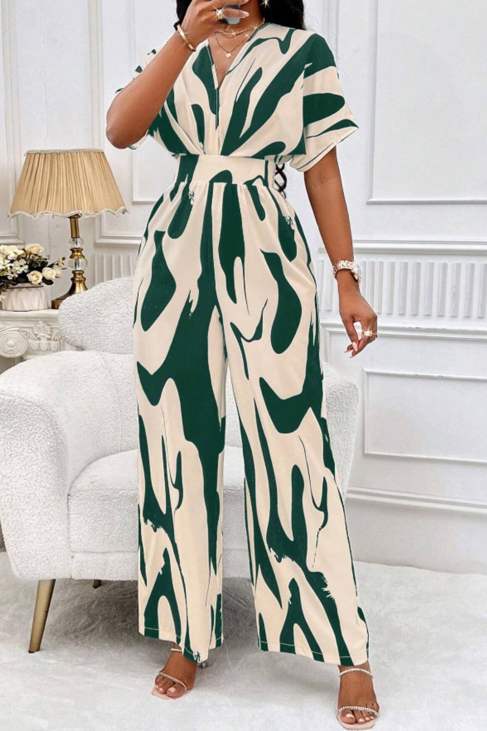 Printed V-Neck Short Sleeve Wide Leg Jumpsuit | S - 2XL | 4 COLORS