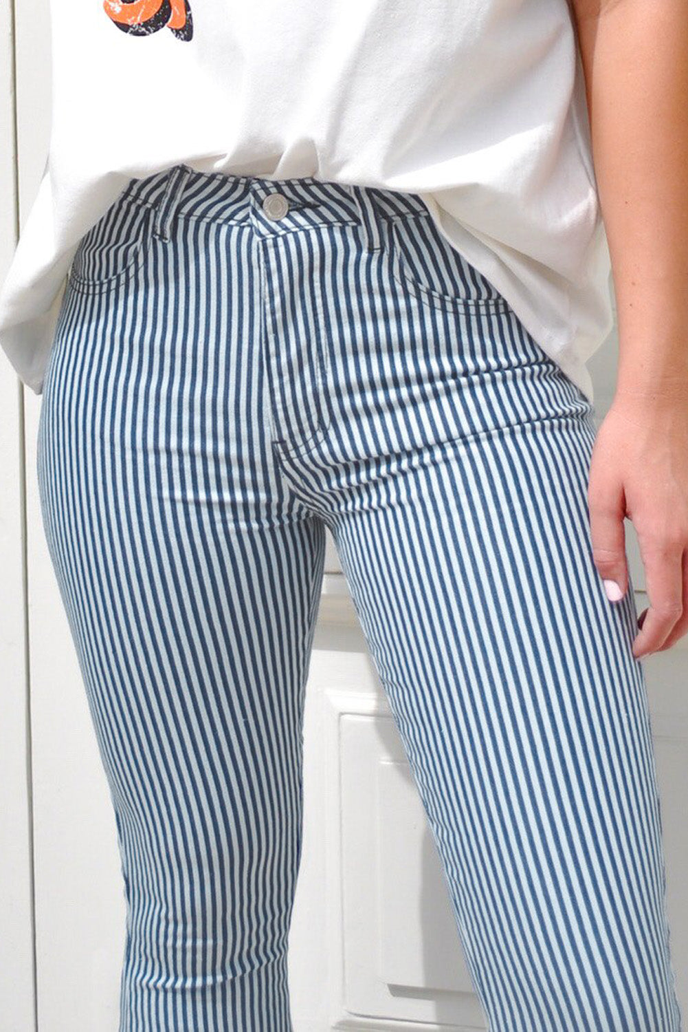 Pantalones acampanados casuales de cintura media con rayas de color azul claro