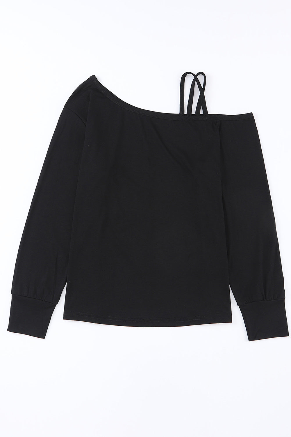 Black Basic Asymmetric Neck Long Sleeve Shift Top