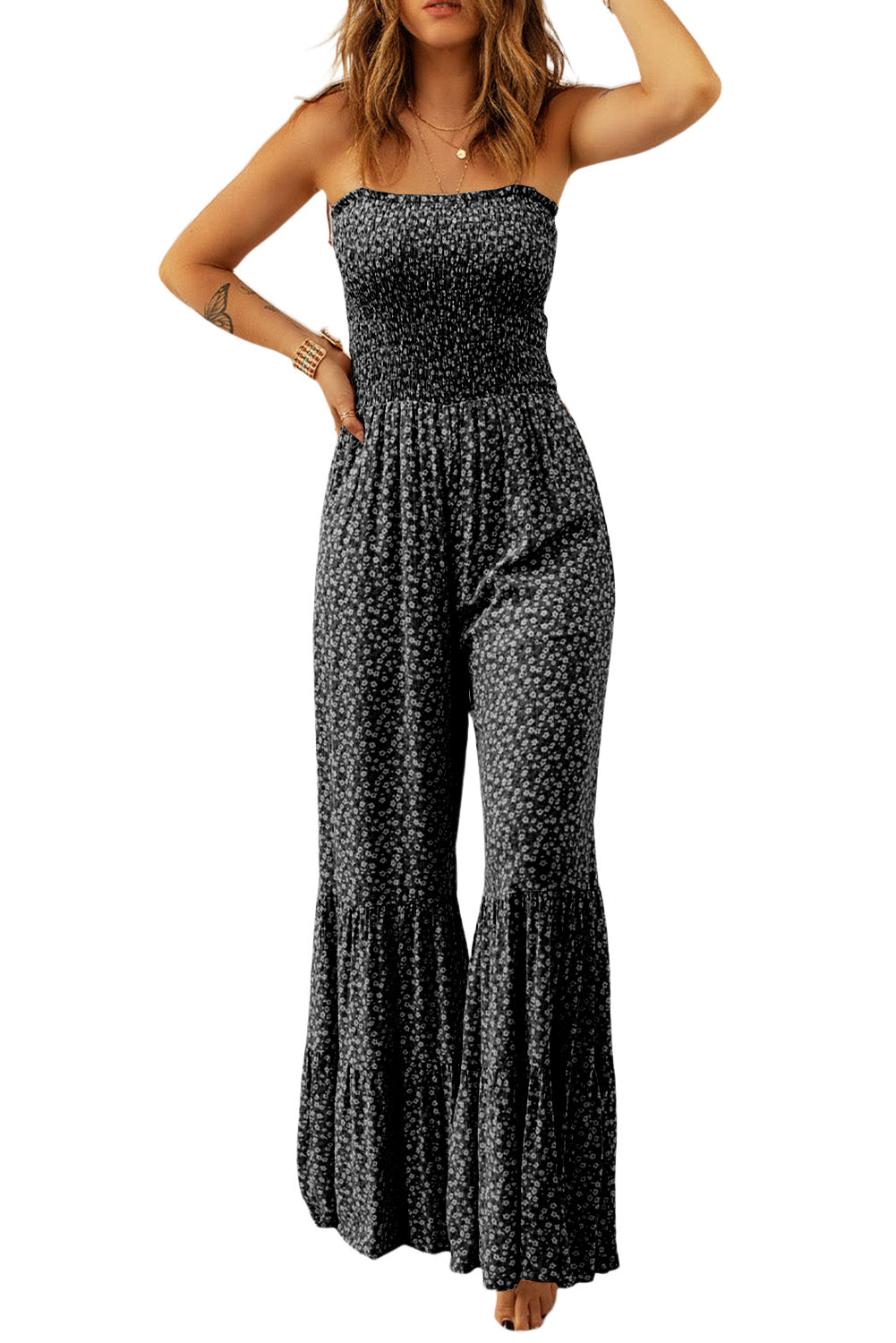 Dusk Blue Floral Print Spaghetti Straps Smocked Wide Leg Jumpsuit | S - 2XL | 4 COLORS