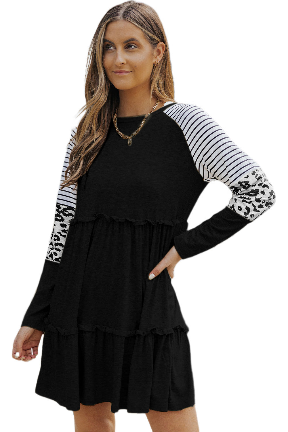 Black Striped Leopard Patchwork Pleated Long Sleeve Dress