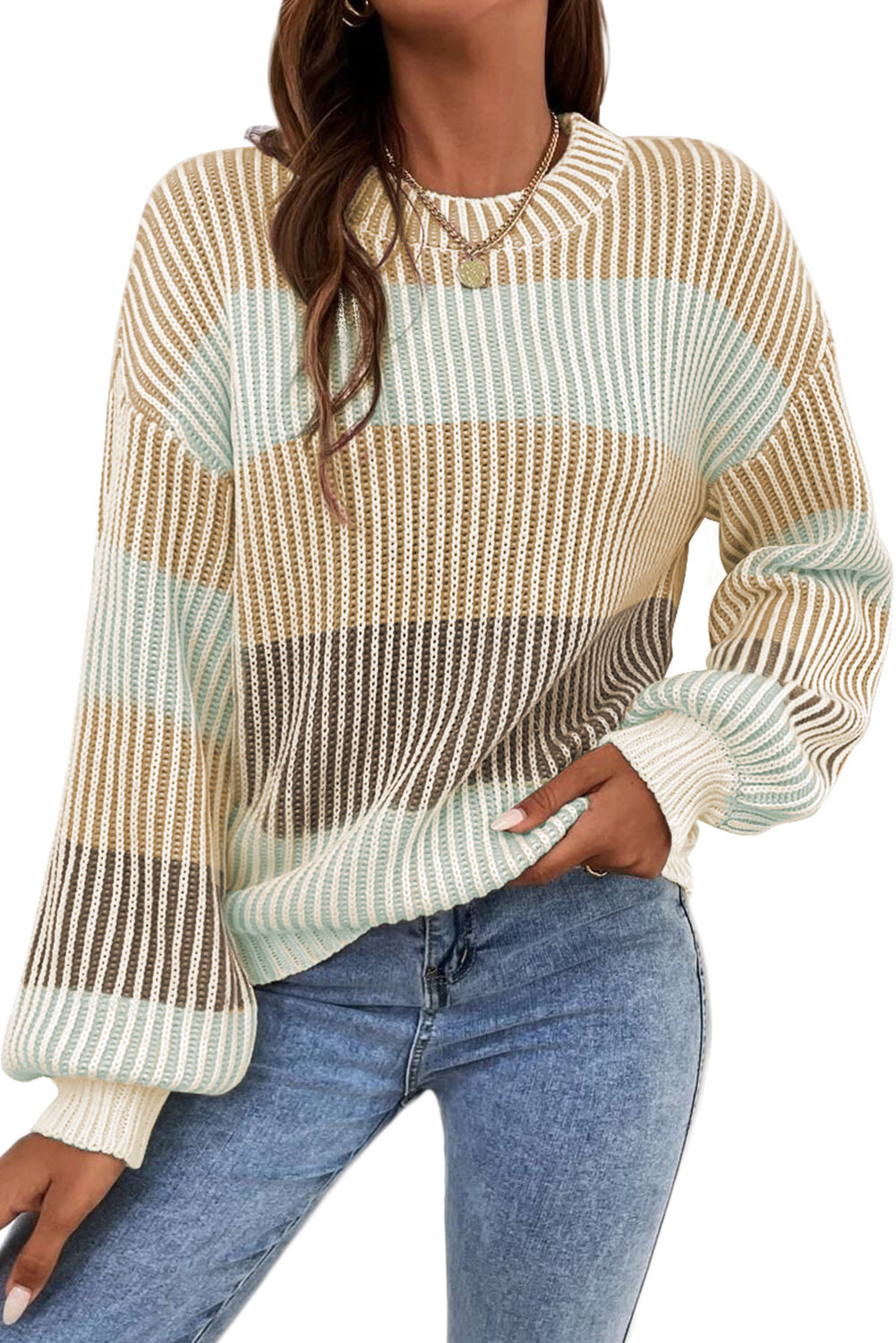 Multicolour Colorblock Lantern Sleeve Knitted Sweater