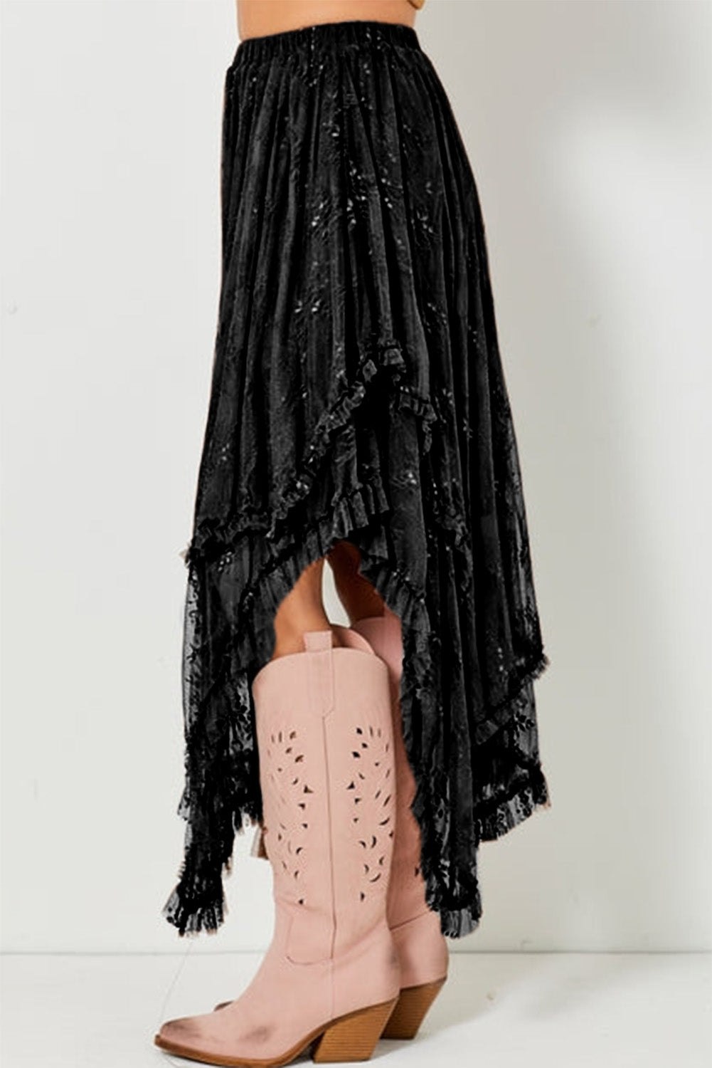 Beige Lace Cascading Tiered High Waist Maxi Skirt