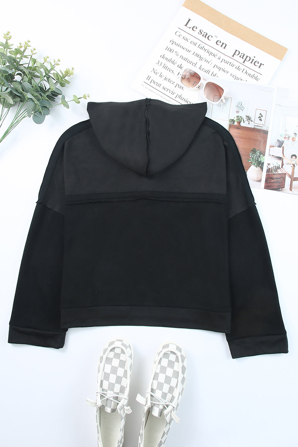 Black Solid Color Button Front Basic Pullover Hoodie
