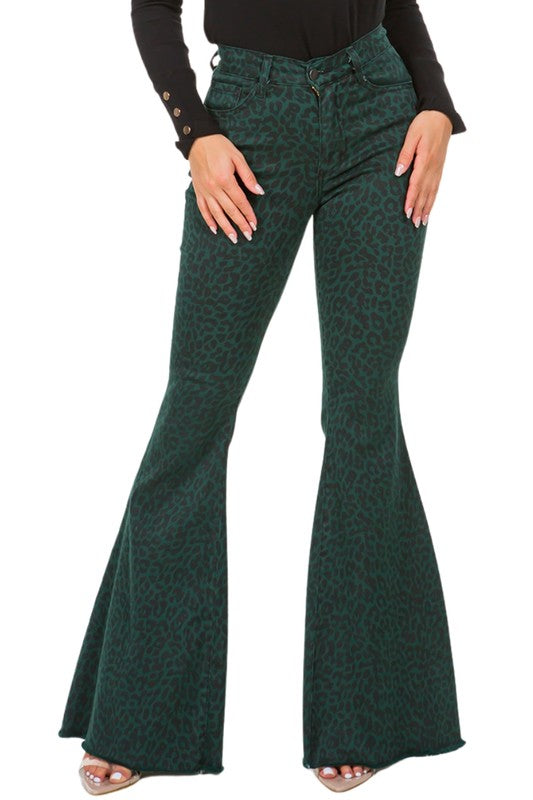 Leopard Bell Bottom Jean in Pine Green - 34 Inseam