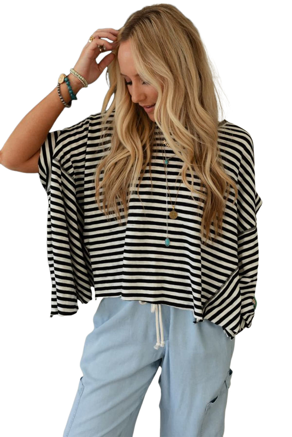 Khaki Striped Batwing Sleeve Oversized Top