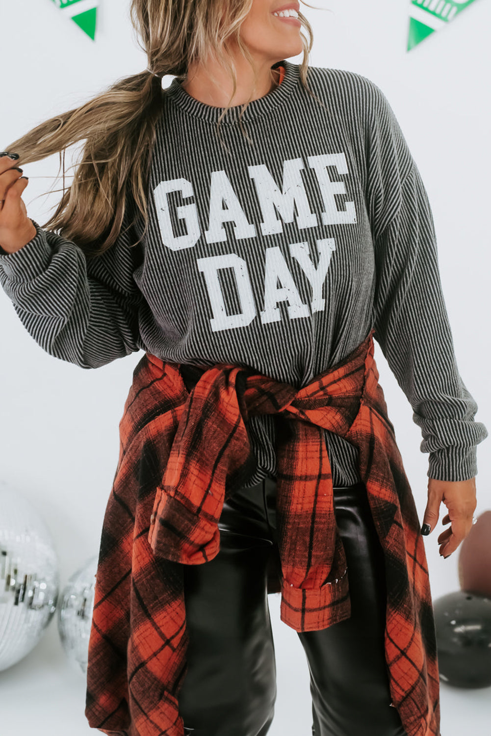 Dark Grey Corded GAME DAY Long Sleeve Crewneck Top