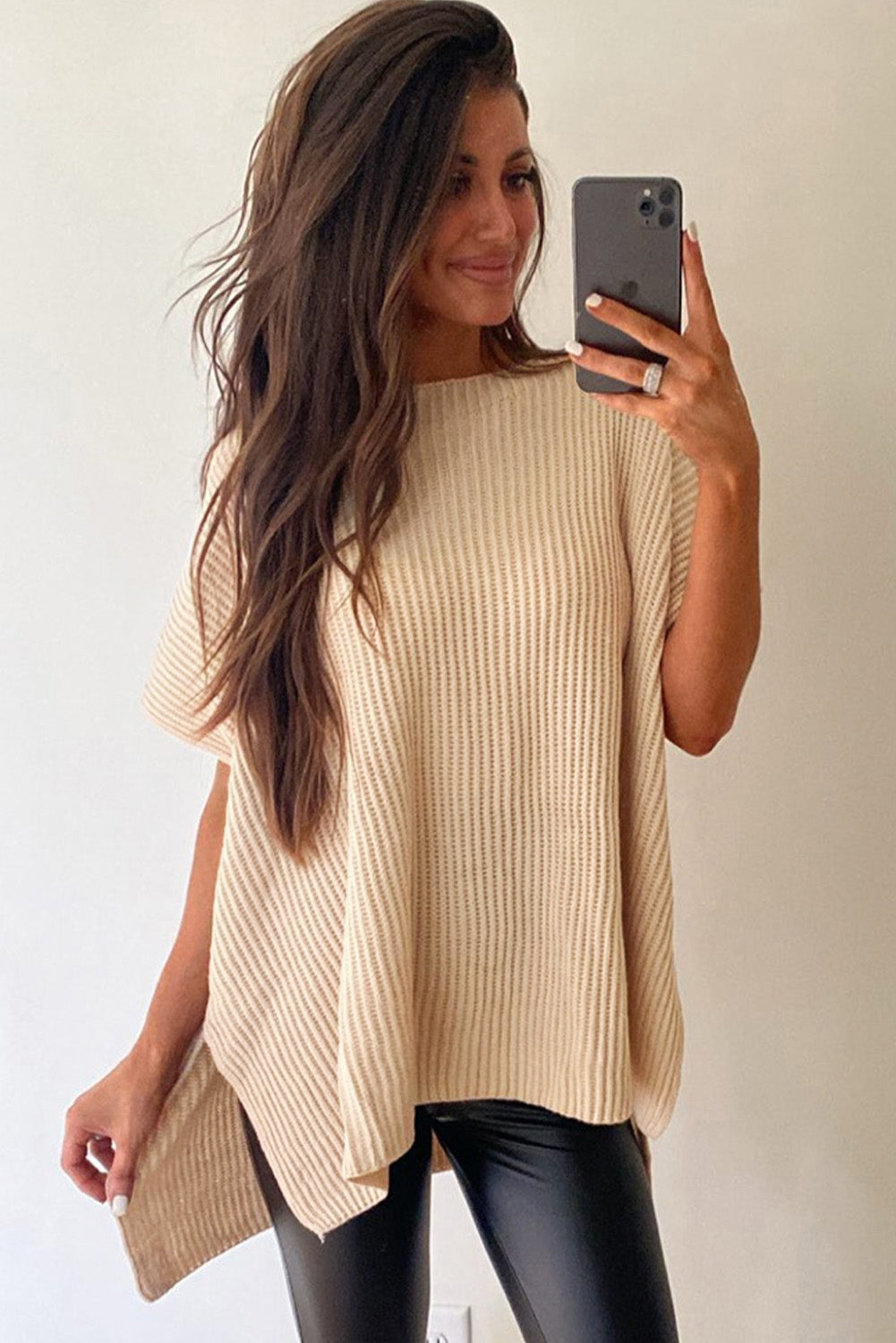 Top de punto de gran tamaño con mangas cortas estilo dolman y abertura lateral en color gris | S - XL | 3 COLORES