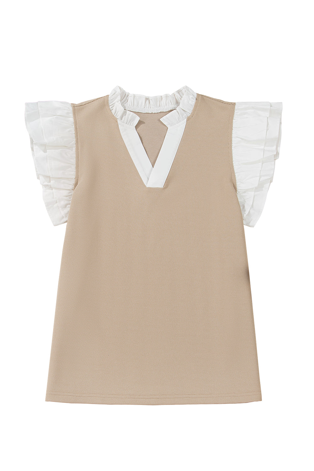 Pale Khaki Frill V Neck Ruffle Textured Top