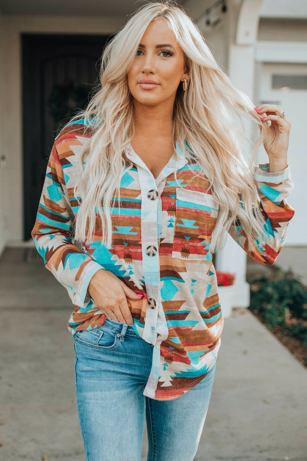 Multicolor Aztec Print Buttoned Pocket Chest Long Sleeve Shirt