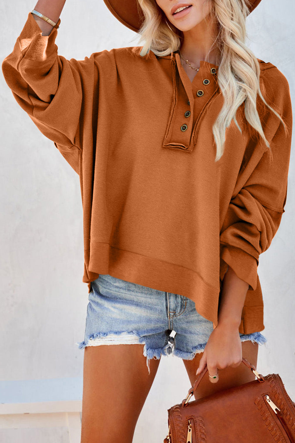 Black Solid Color Button Front Basic Pullover Hoodie