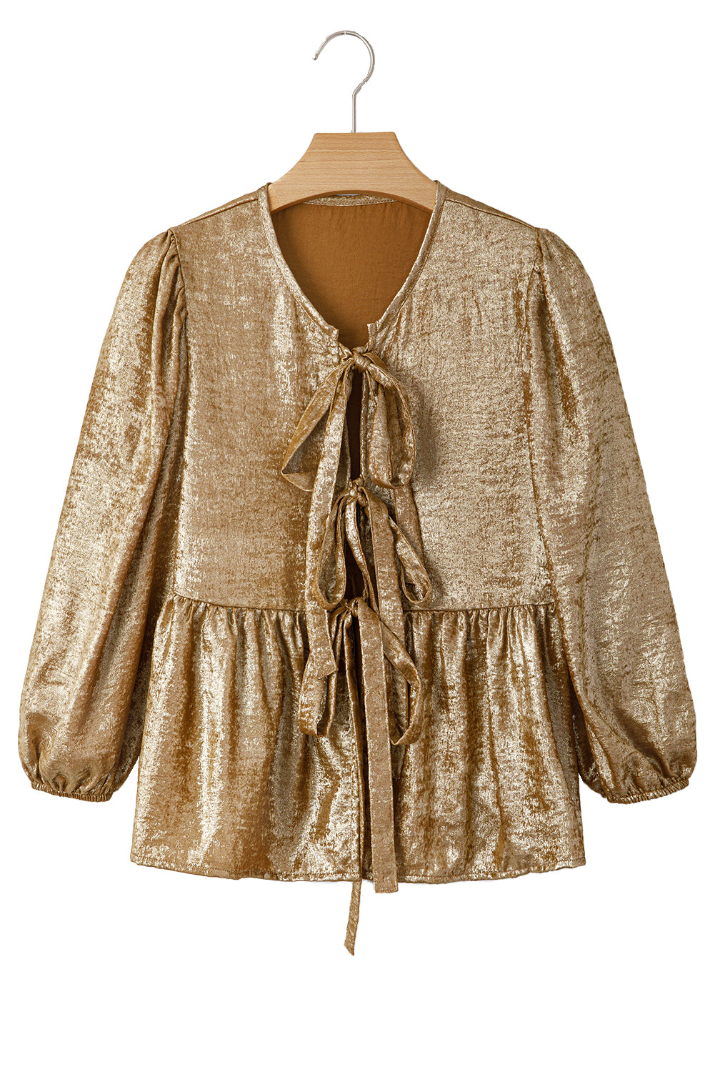 Gold Solid Color Bowknot Front Puff Sleeve Blouse