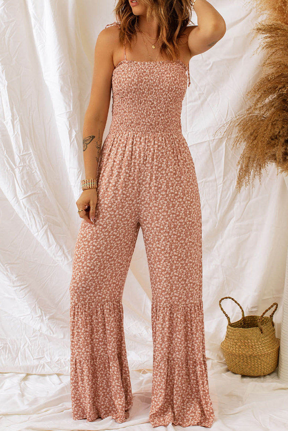 Dusk Blue Floral Print Spaghetti Straps Smocked Wide Leg Jumpsuit | S - 2XL | 4 COLORS