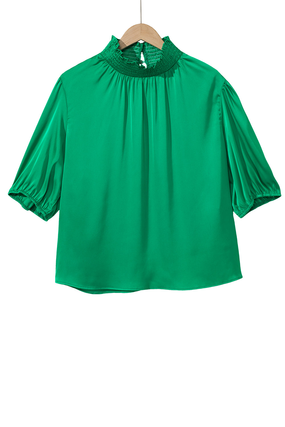 Blusa de cuello alto fruncido con mangas abullonadas en color verde mar de talla grande