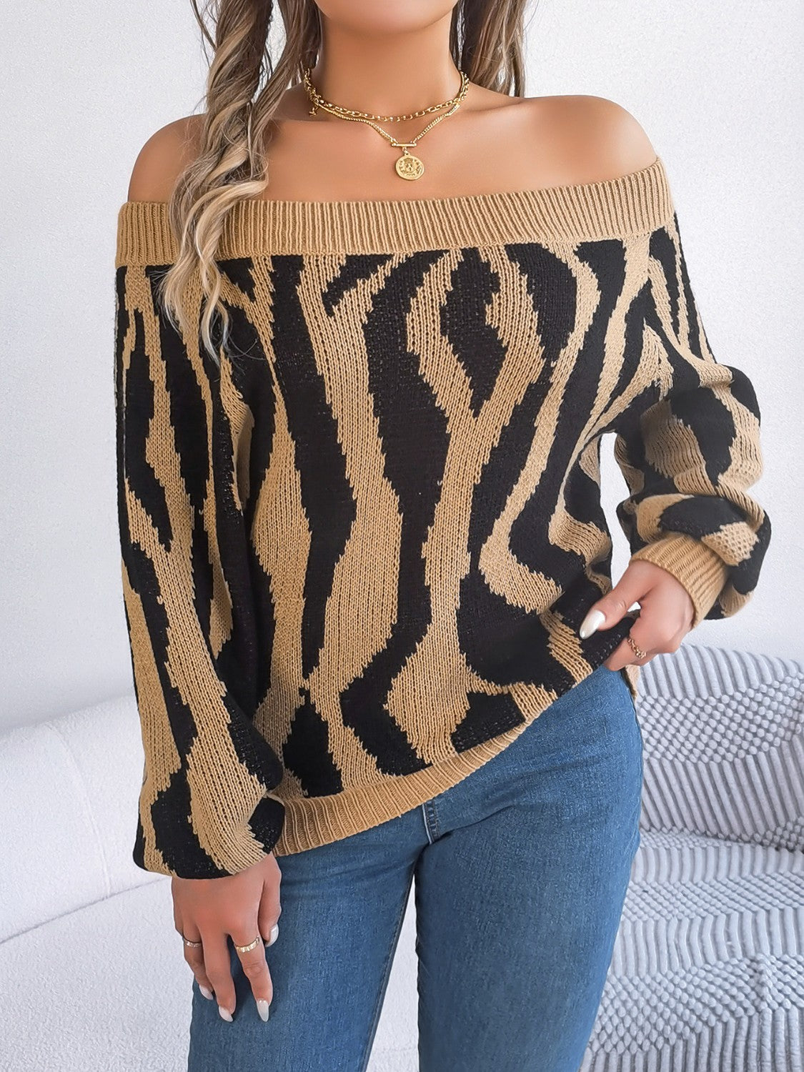 Off-Shoulder Animal Print Long Sleeve Sweater