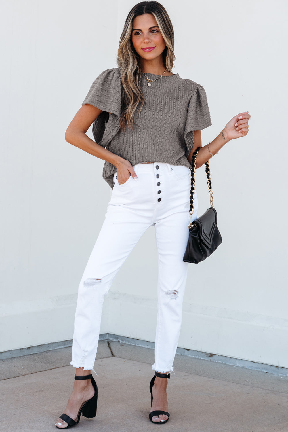 Sleet Solid Color Textured Flutter Sleeve Top